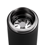 A black stainless steel travel mug with a lid and a splash guard.