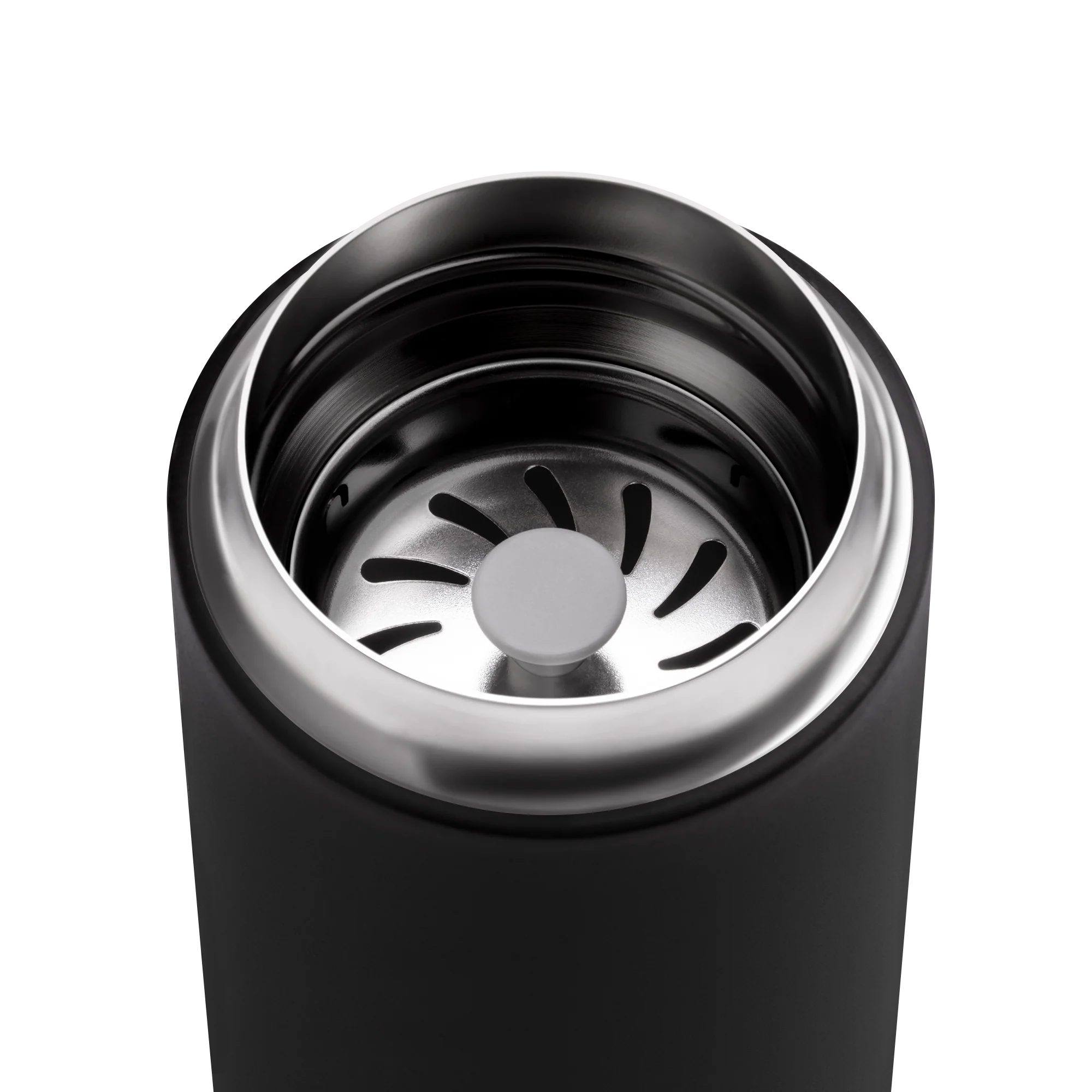 A black stainless steel travel mug with a lid and a splash guard.