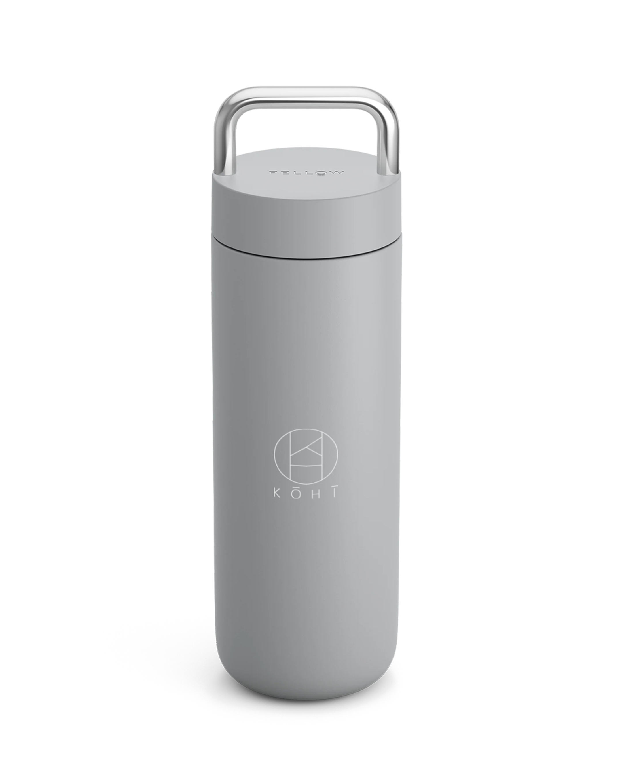 Matte Grey cylindrical tumbler with a silver handle, featuring the brand 'KOHI'.