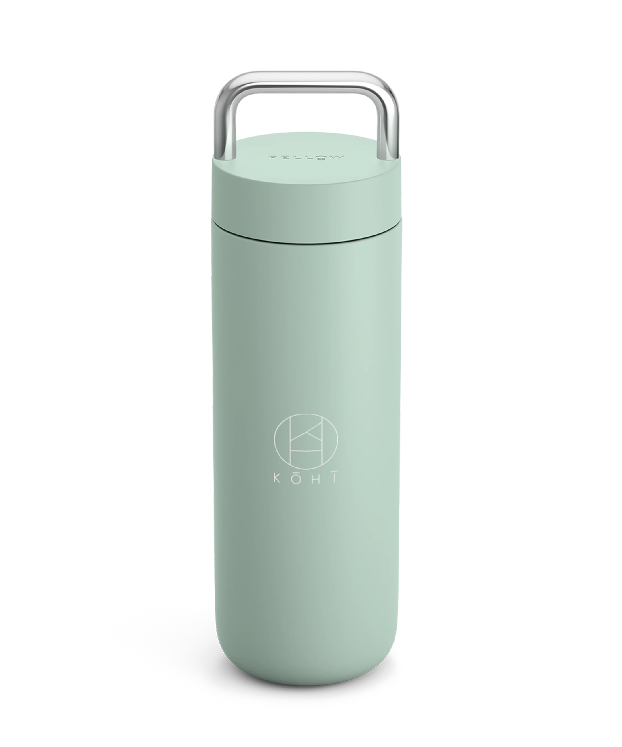Mint chip cylindrical tumbler with a silver handle, featuring the brand 'KOHI'.