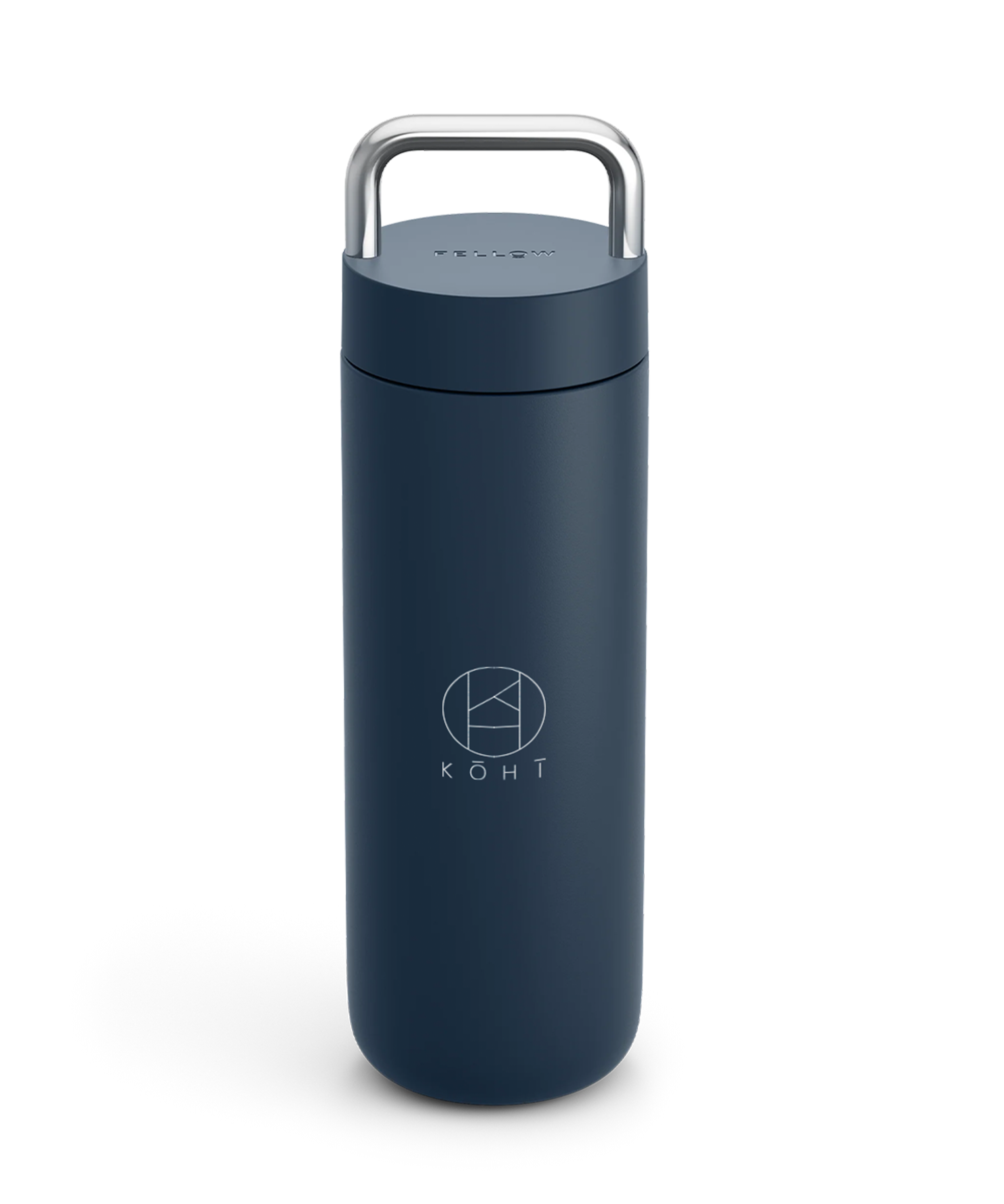 Stone blue cylindrical tumbler with a silver handle, featuring the brand 'KOHI'.
