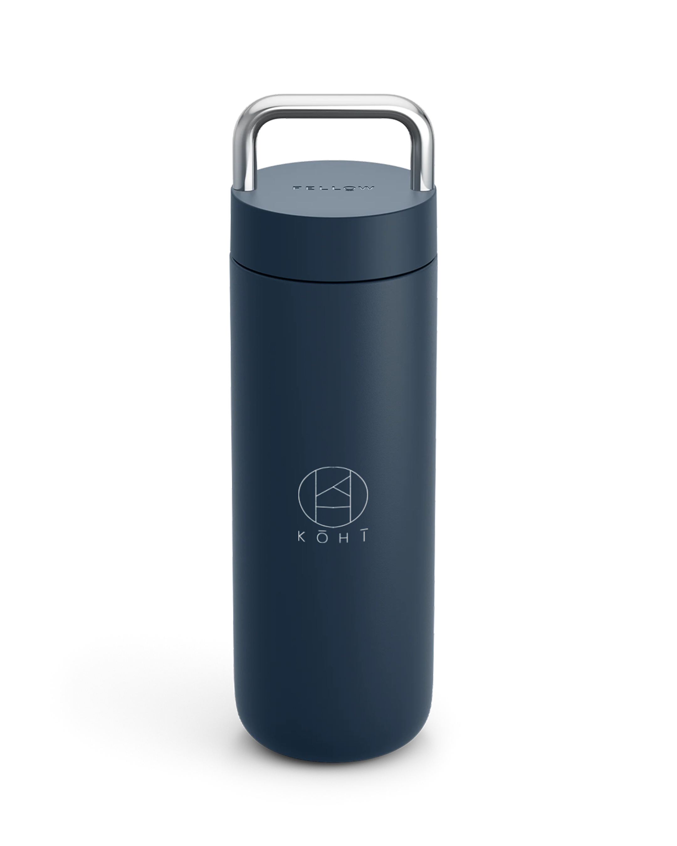Stone blue cylindrical tumbler with a silver handle, featuring the brand 'KOHI'.