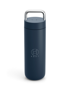 Stone blue cylindrical tumbler with a silver handle, featuring the brand 'KOHI'.