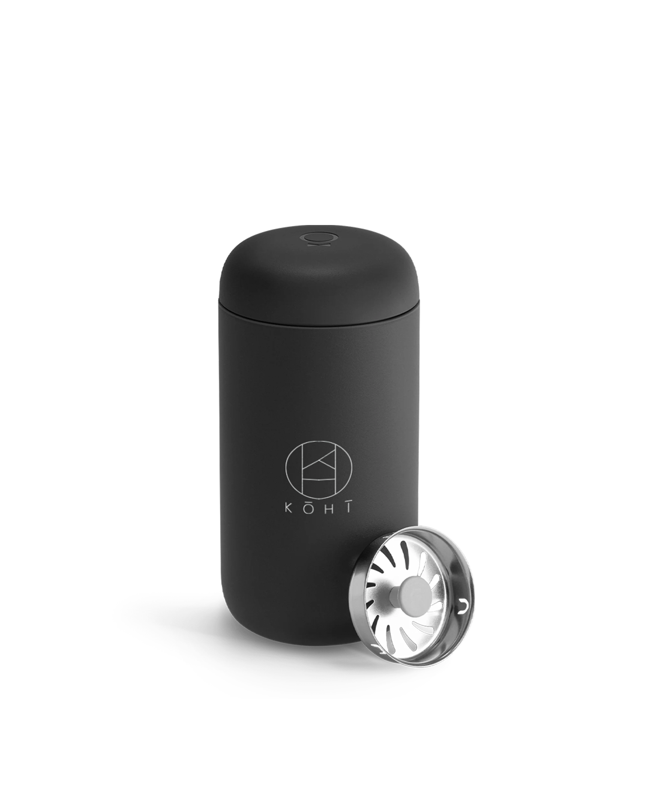 Matte Black cylindrical tumbler with a silver Splash Guard, featuring the brand 'KOHI'.