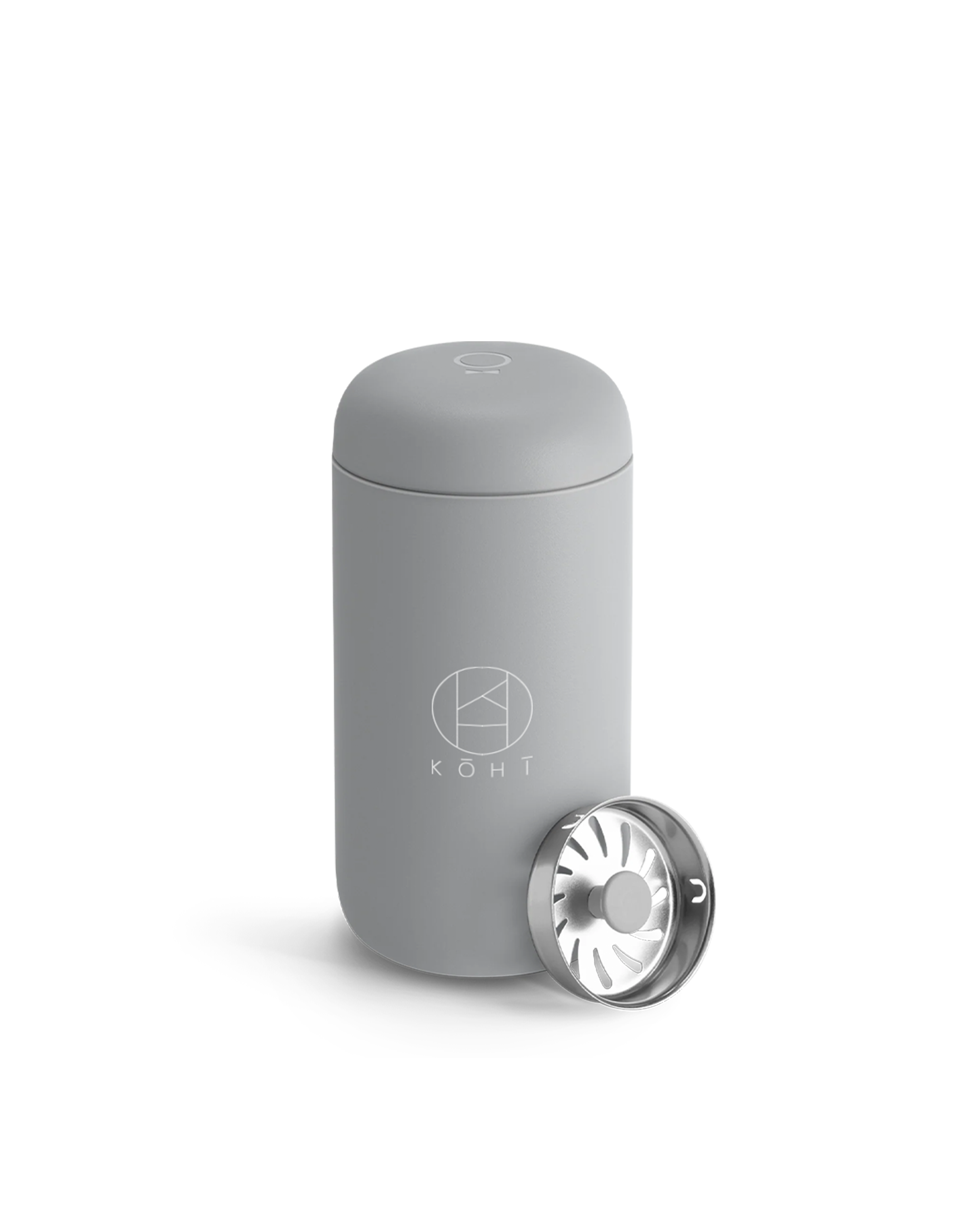 Matte Grey cylindrical tumbler with a silver Splash Guard, featuring the brand 'KOHI'.