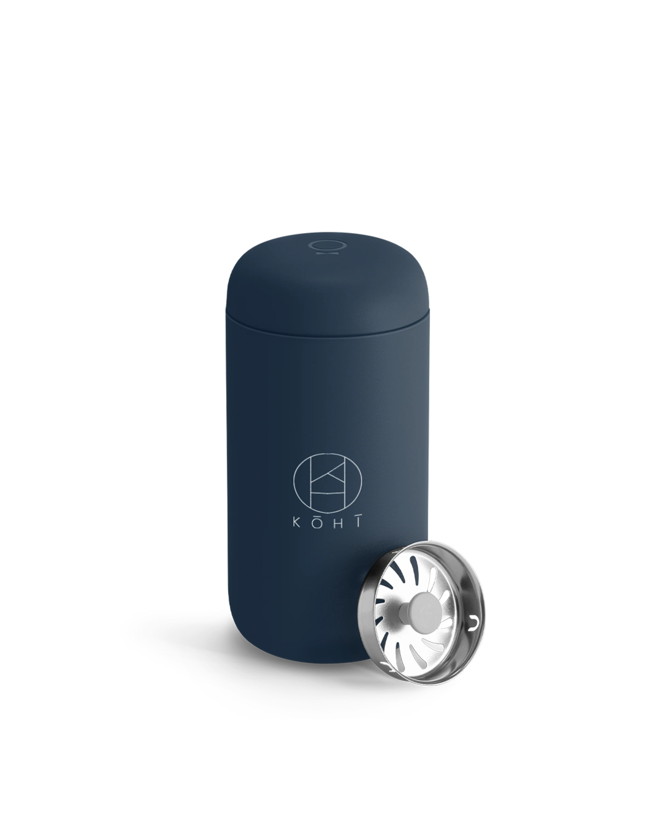 Stone Blue cylindrical tumbler with a silver Splash Guard, featuring the brand 'KOHI'.