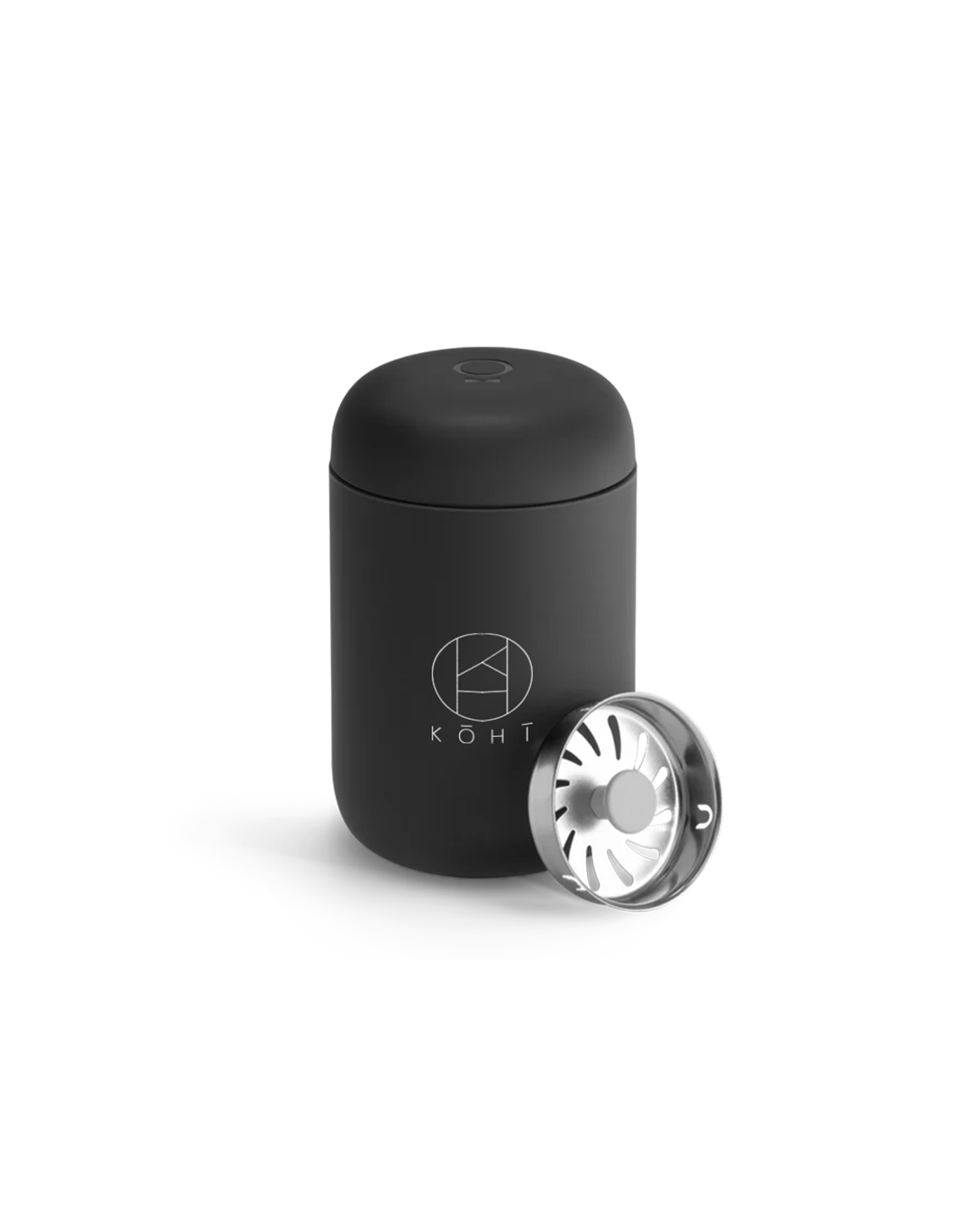 Matte Black cylindrical tumbler with a silver Splash Guard, featuring the brand 'KOHI'.
