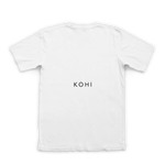 White t-shirt with 'KOHI' logo on a white background