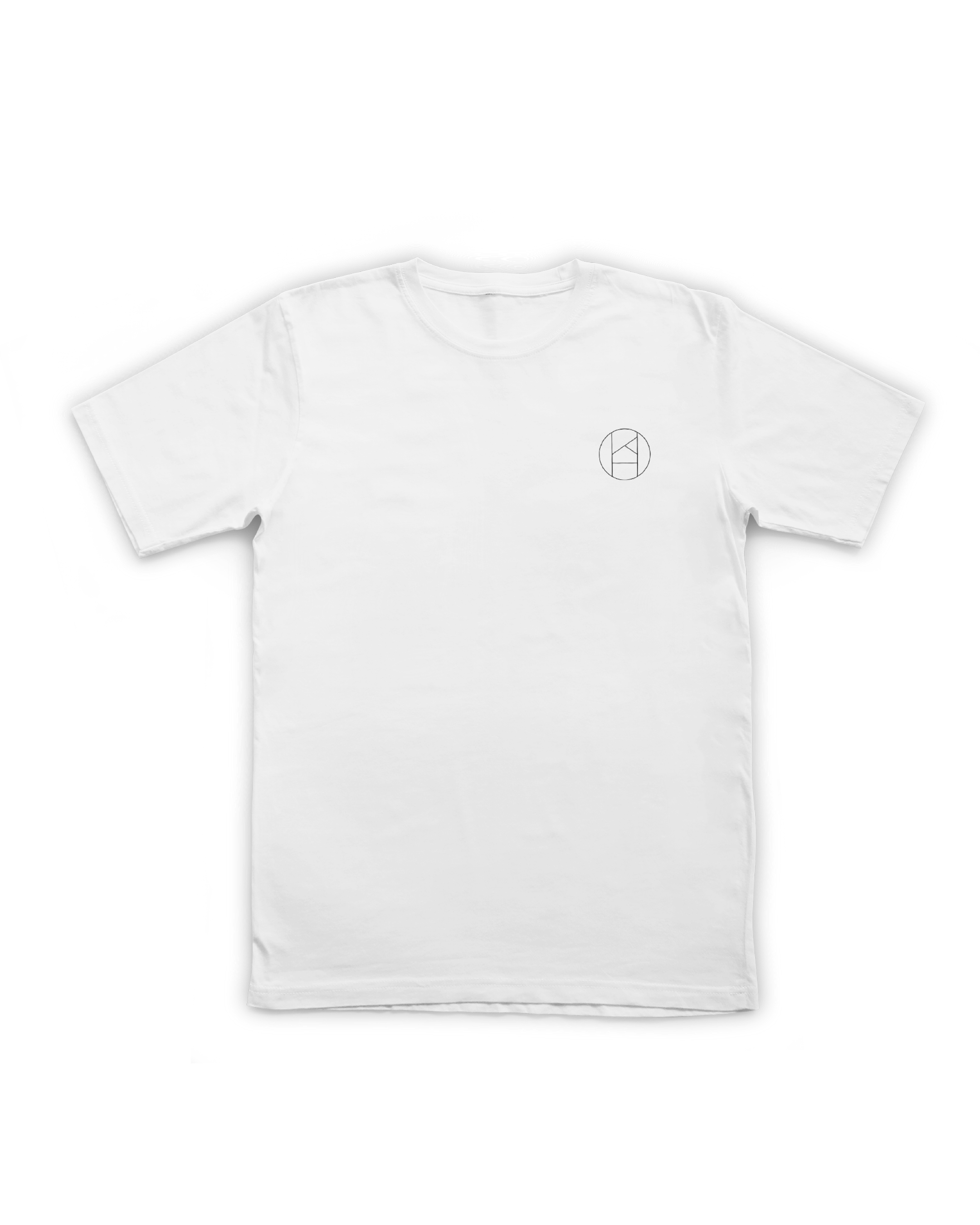 White t-shirt with a small logo on the chest against a white background