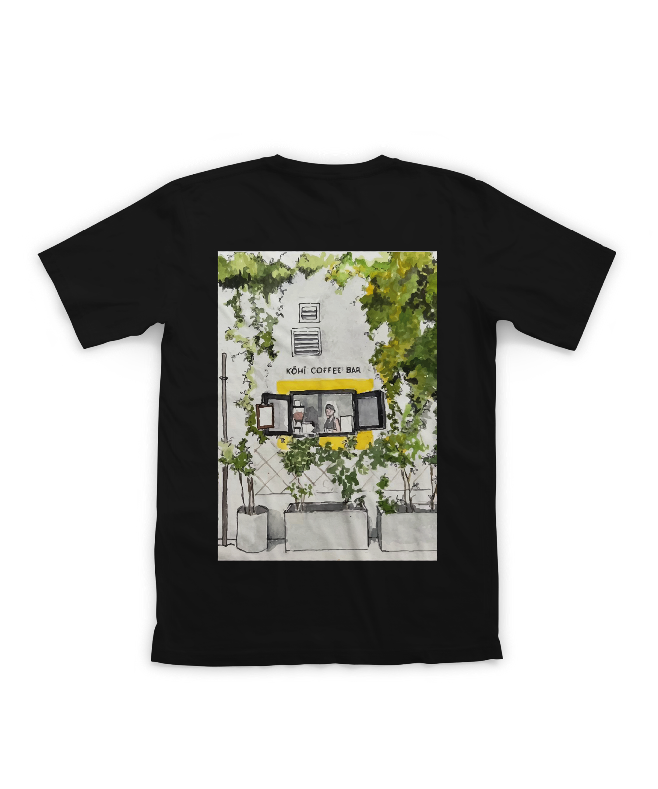 Black t-shirt with a graphic of a coffee shop exterior on a white background