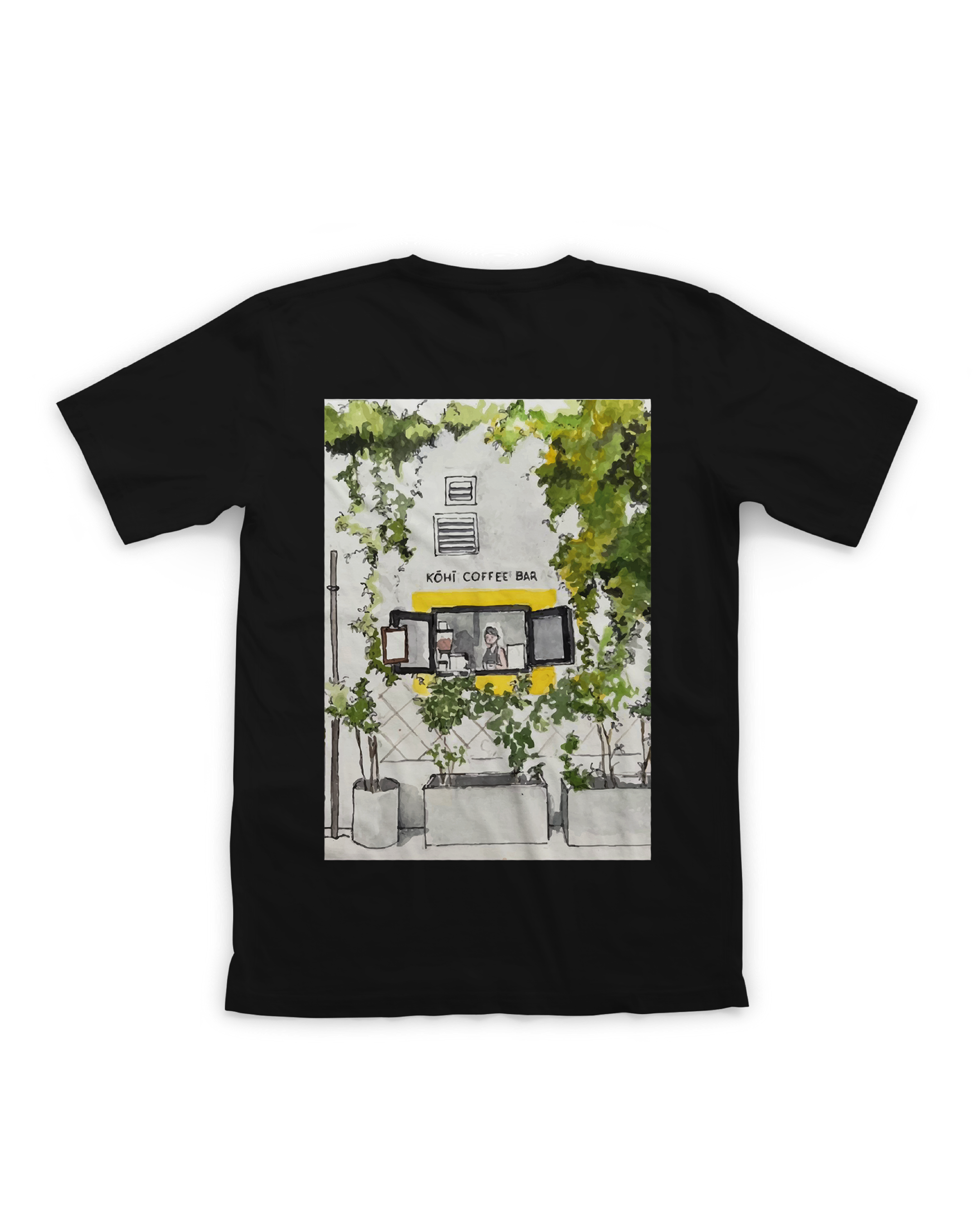 Black t-shirt with a graphic of a coffee shop exterior on a white background