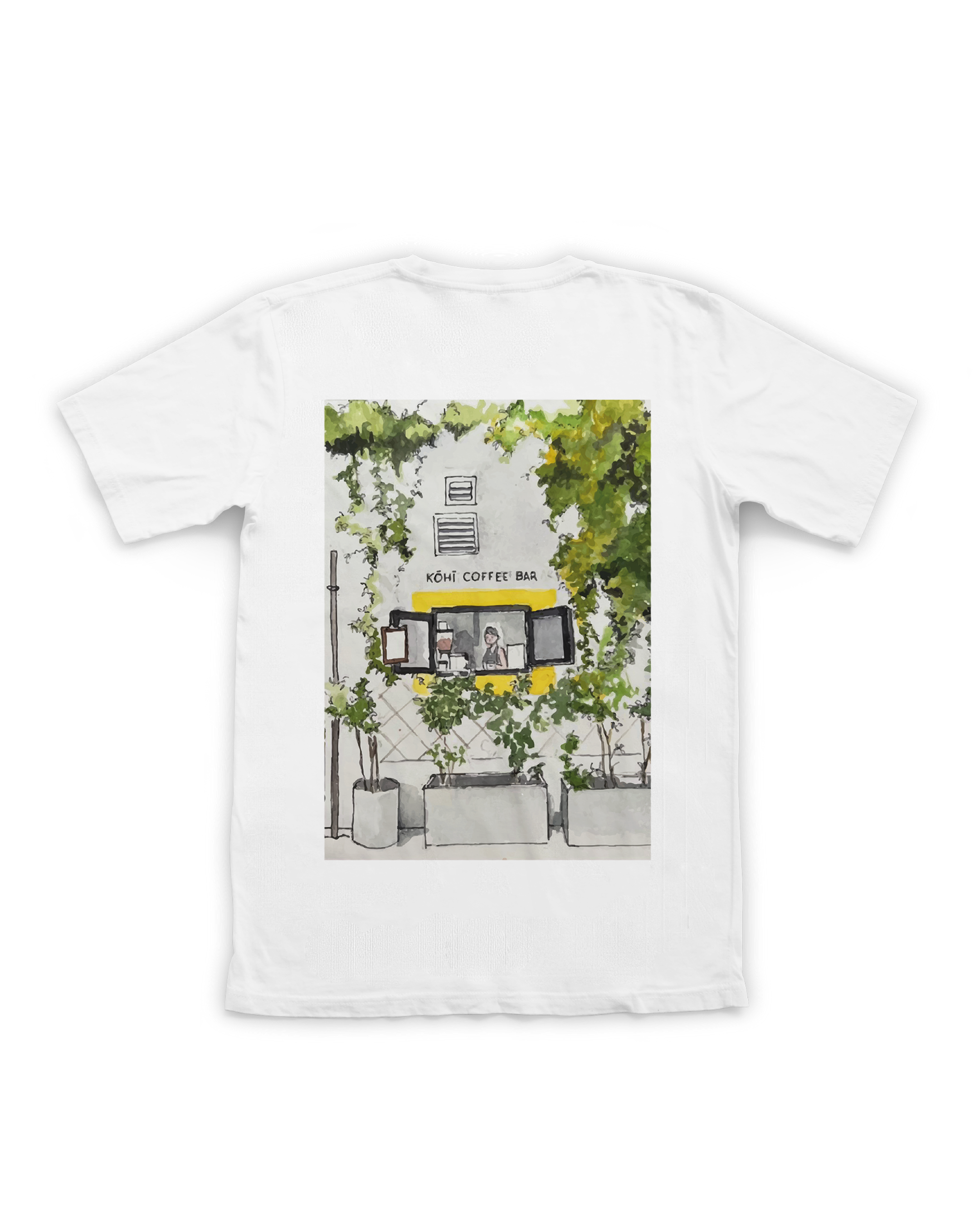 White t-shirt with a printed design of a coffee shop exterior on a white background