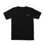 Black t-shirt with yellow text on a white background