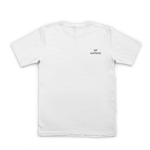 White t-shirt with a small logo on a white background