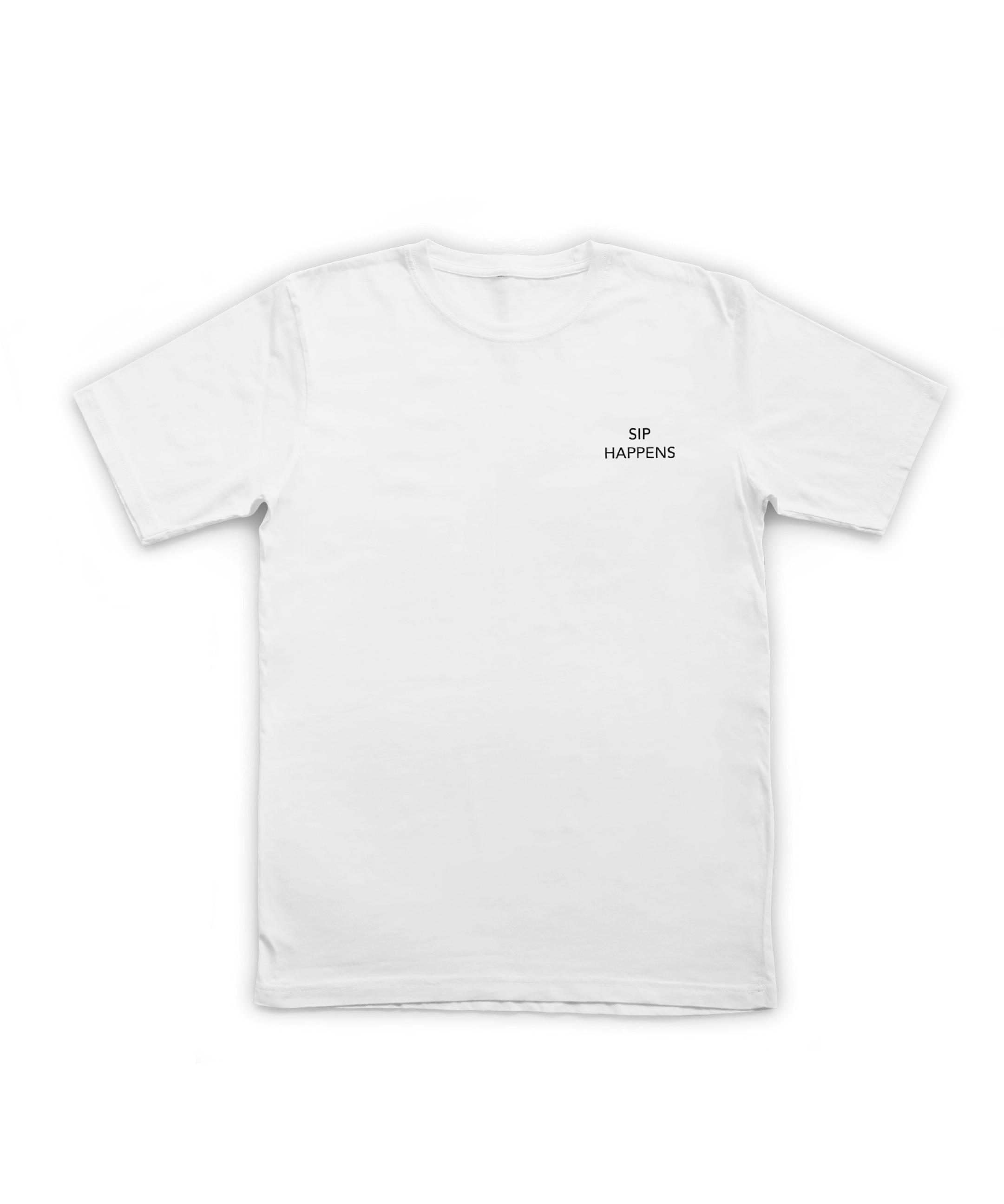 White t-shirt with a small logo on a white background